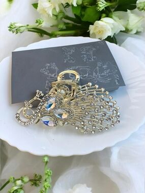 Gold Crystal Peacock Hair Clip New!